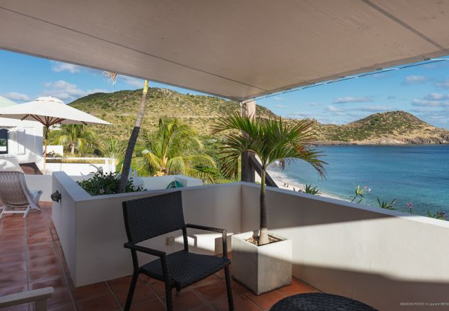 Terrace off the living room at Villa Maison Rose Toiny in St Barths with a lovely view of the Caribbean Sea